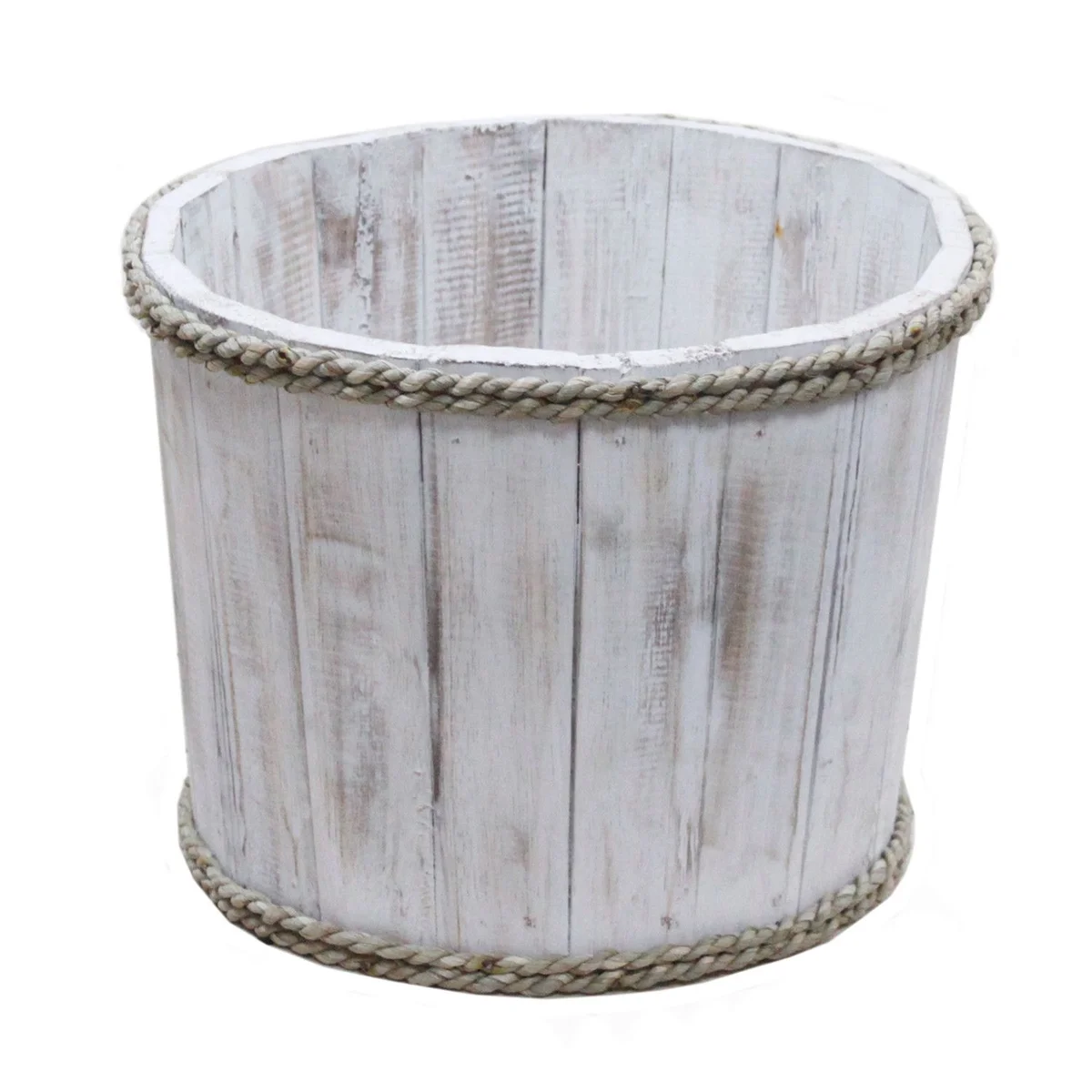 Whitewashed small wooden storage tub with smooth surface, open top, ready to organize items.
