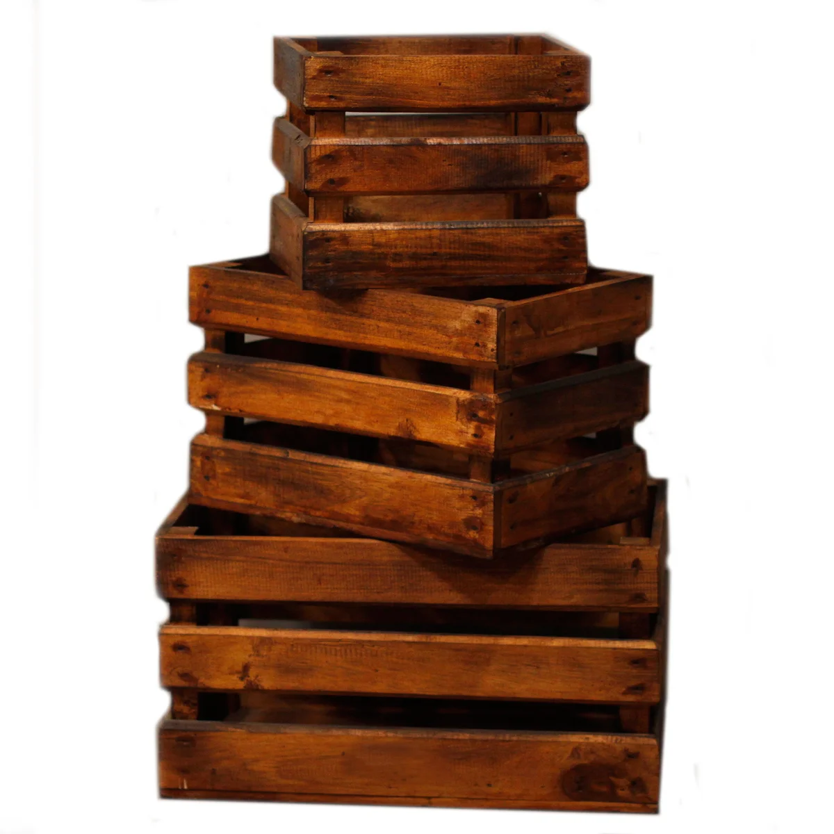 Three brown wooden storage crates shown together as a set of wooden crates.
