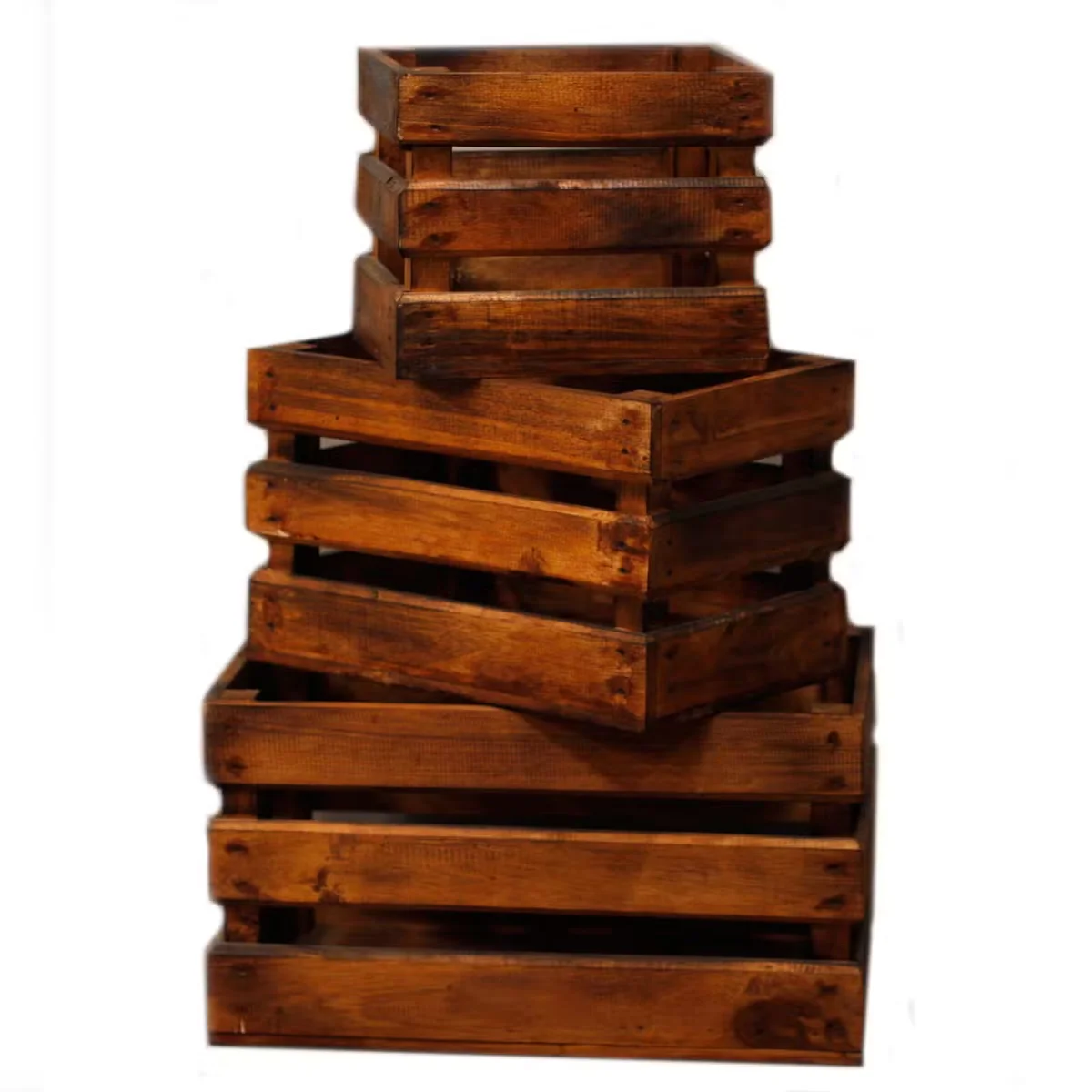 Brown wooden storage crates in a set of three displayed together.