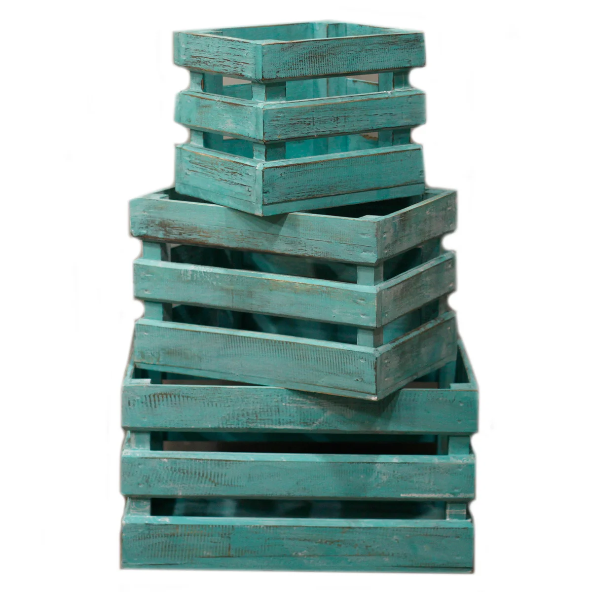 Three greenwash wooden storage crates side by side, showcasing their solid wood construction.