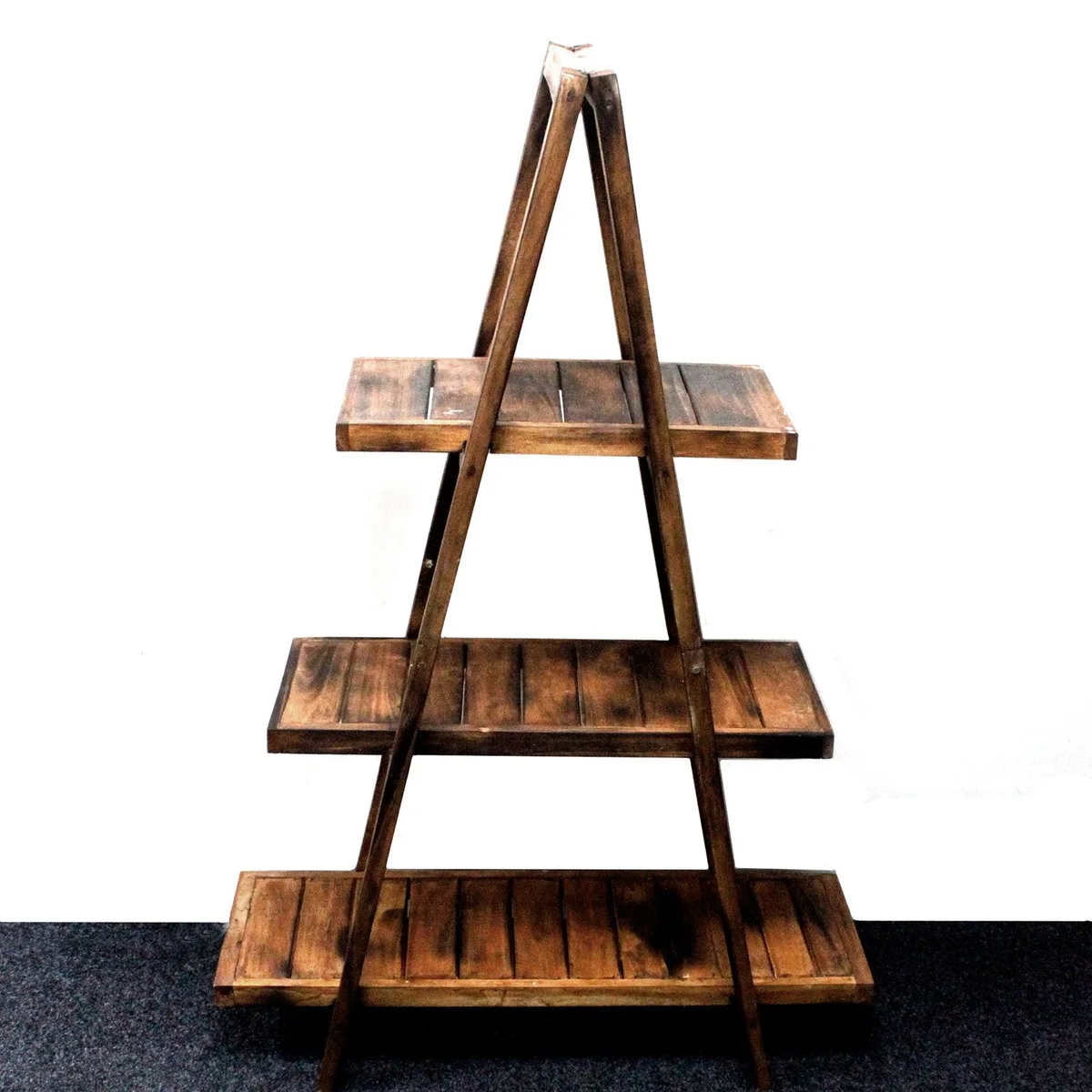 Brown folding wooden shelf in A-frame shape, displayed open and folded.