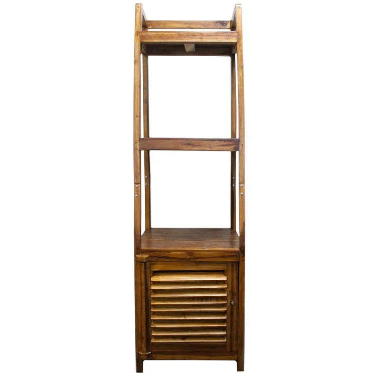 Recycled teak shelf display showing open layered wooden shelf with natural teak grain.