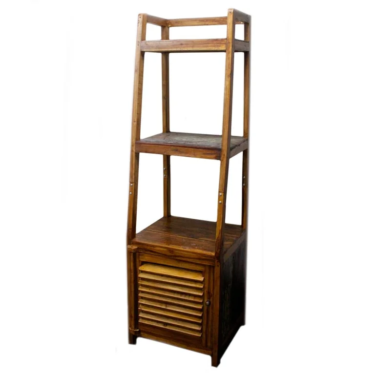 Recycled teak shelf open display made from reclaimed teak wood.