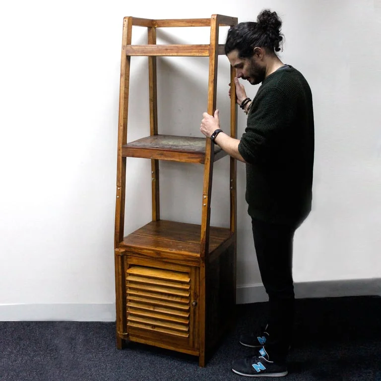 Recycled teak wood display with multiple open shelves.