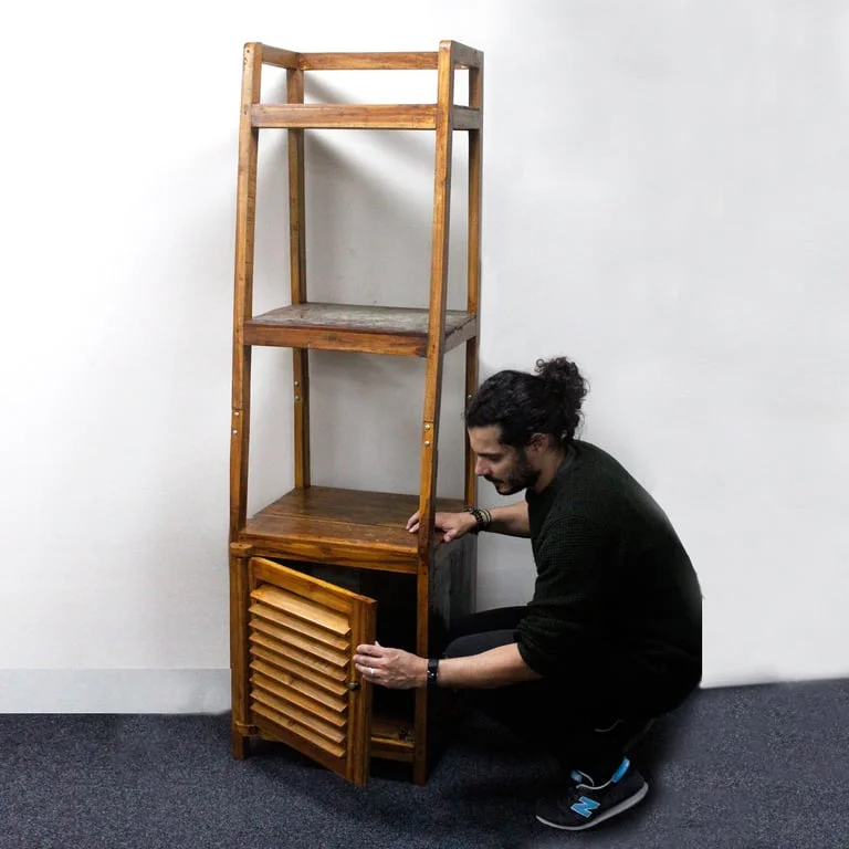 Recycled teak wood open shelf display with a single flat tabletop and raised edges, made from reclaimed timber