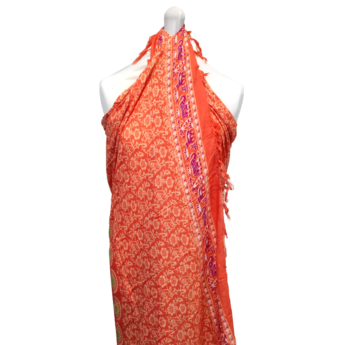 Lightweight pink mandala sarong adorned with rose motifs, suitable for beach or casual wear.