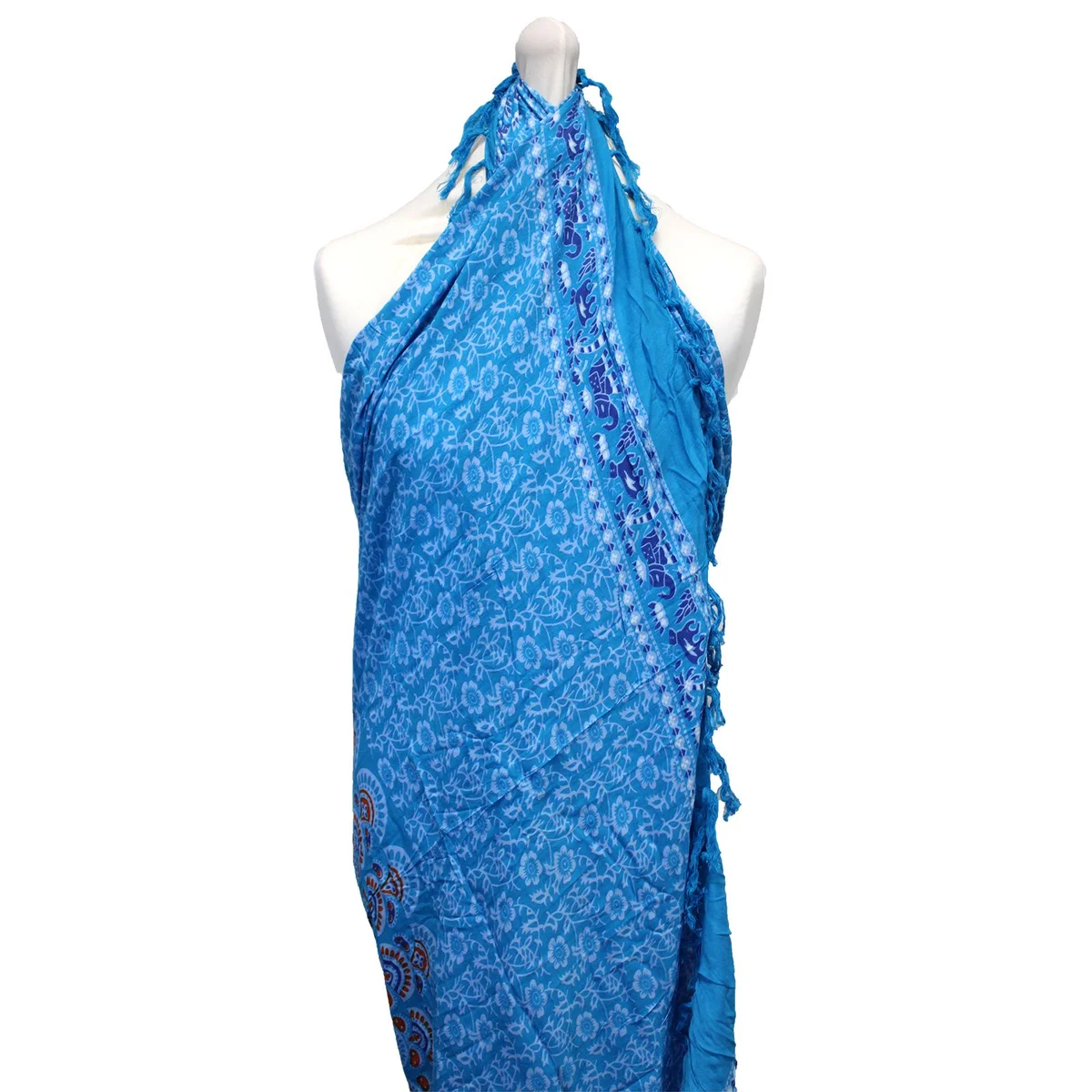 Teal and orange mandala sarong with intricate circular pattern.