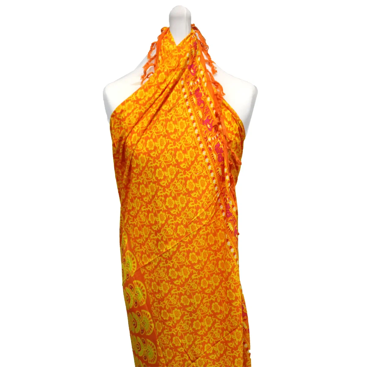 Lime orange mandala sarong draped around a model, featuring vibrant lime and orange swirling pattern.