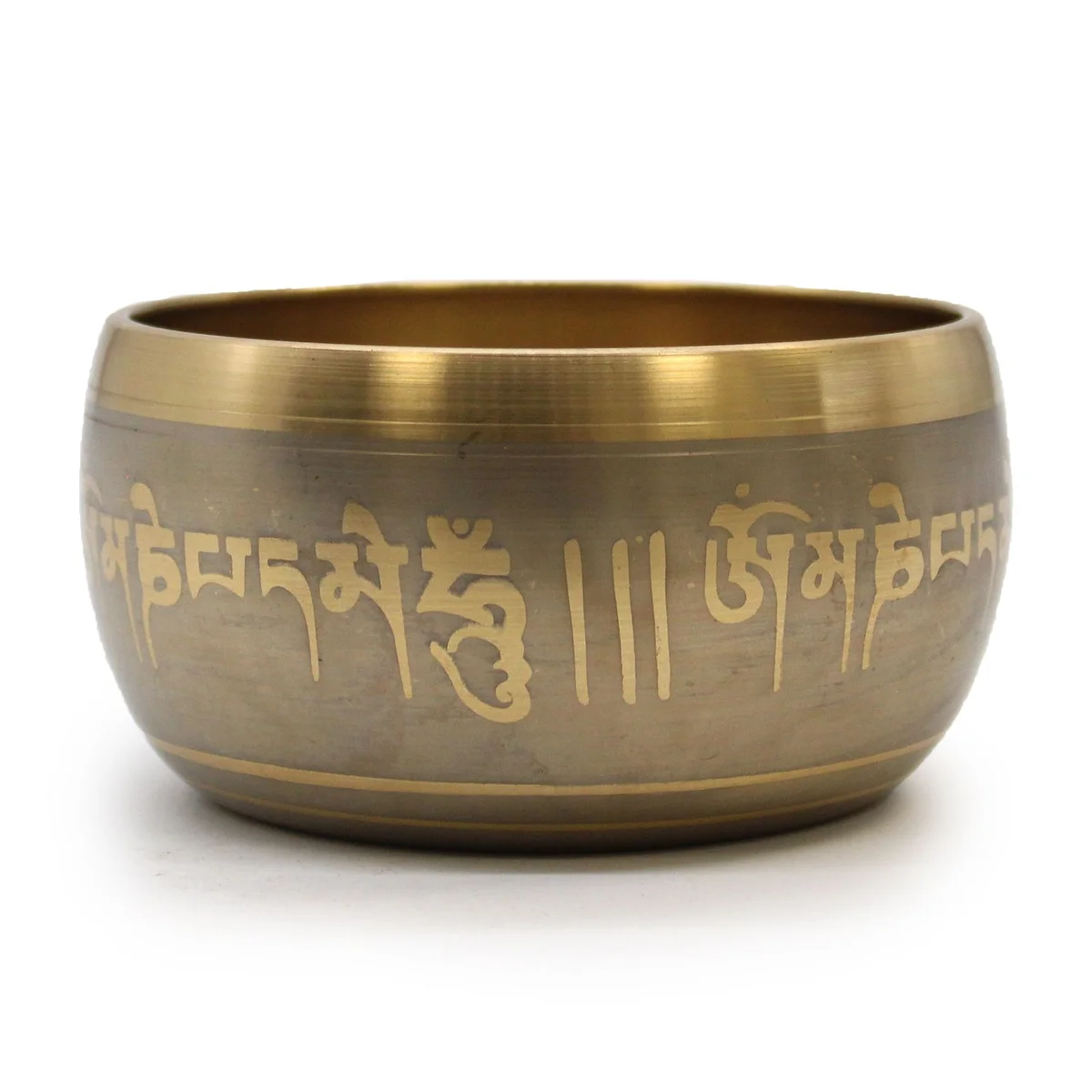 Buddha singing bowl displayed as part of a set of five bowls.