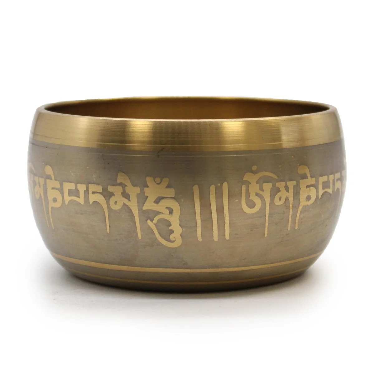 Set of Buddha singing bowls displayed together, five individual bowls in a group