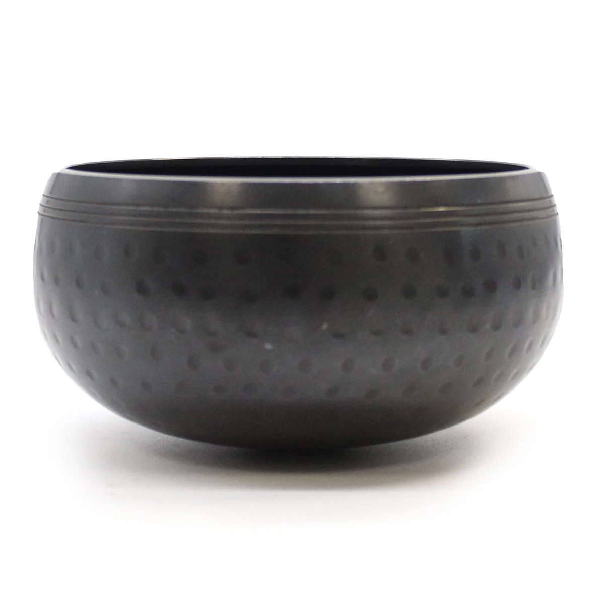 Small black beaten bowl, 14cm diameter, shiny surface, shown on a plain white background.