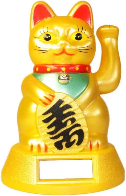 solar cat ornament with a playful pose, shiny textured fur, a small basket of coins