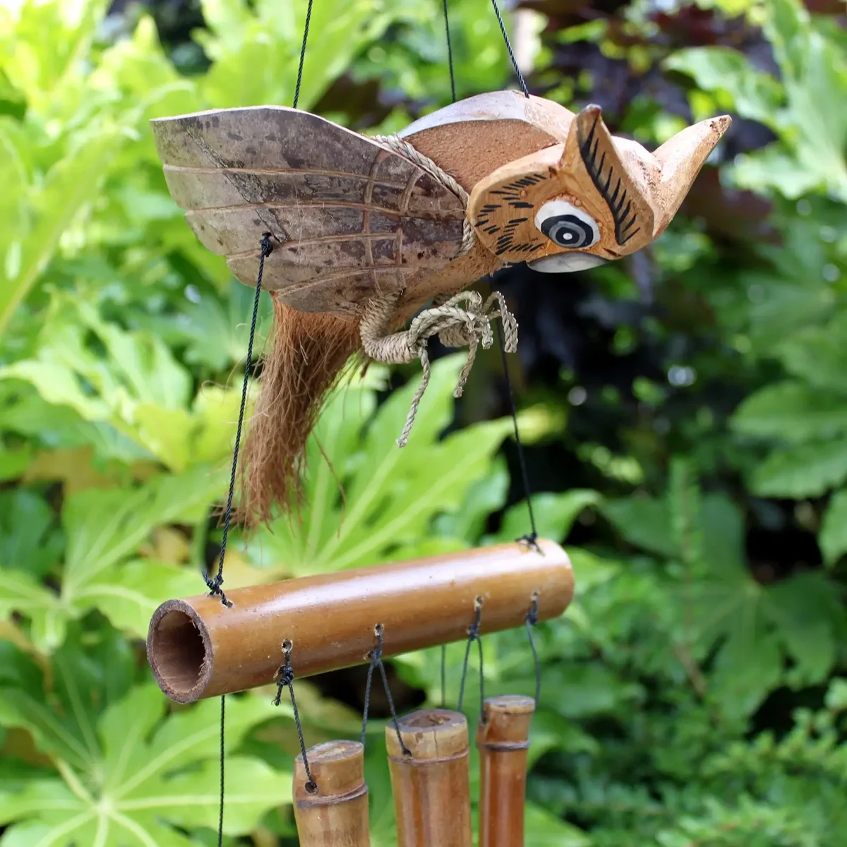Owl windchime crafted from coconut