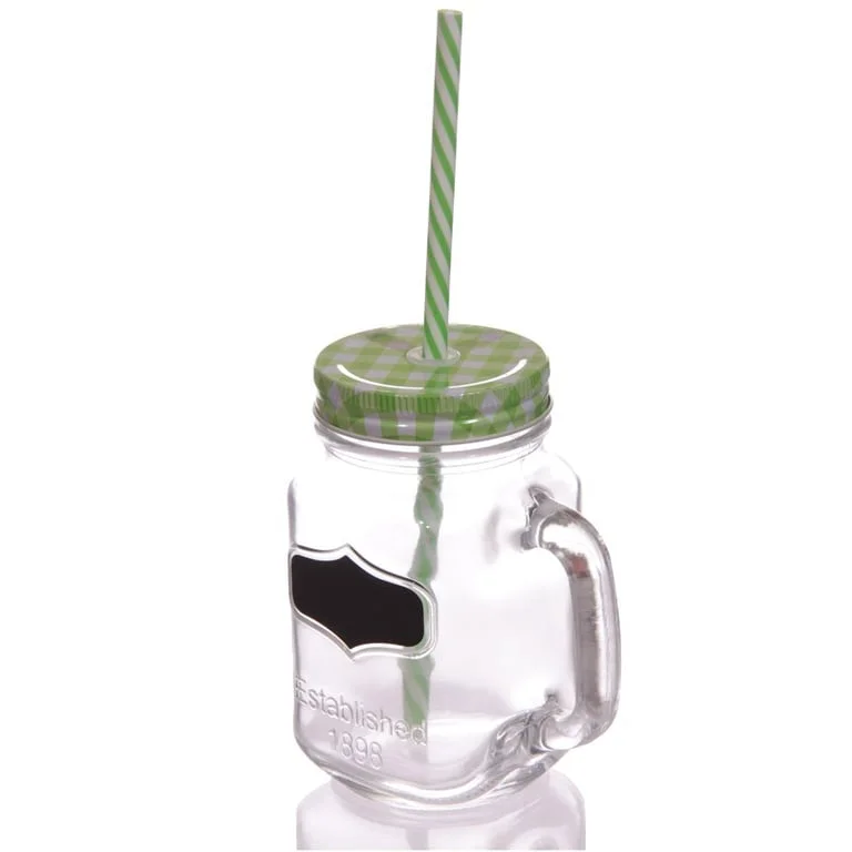 Vintage green drinking jar with chalkboard detailing, featuring a classic wooden design.