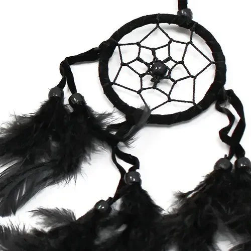 Bali dreamcatcher in small round shape with black, white and red feathers and beads.