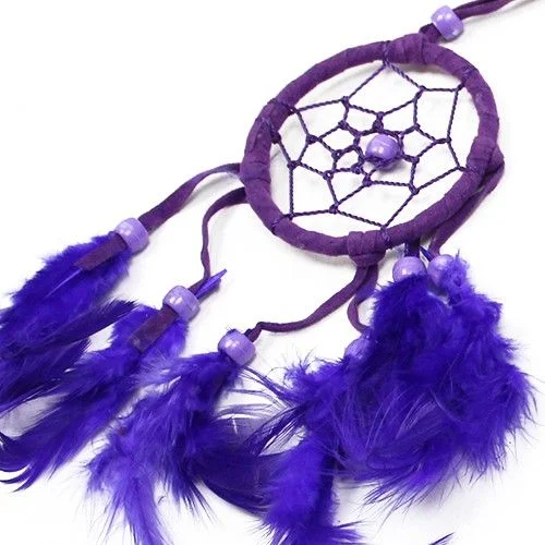 Small round dreamcatcher in turquoise, pink and purple threads, featuring delicate wires and a central bead.
