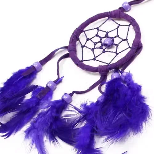 Purple dreamcatcher with turquoise and pink accents, small round Bali-style design.