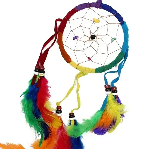 Medium round dreamcatcher in rainbow colours.