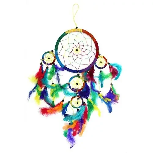 Large round rainbow Bali dreamcatcher in ornate web design.