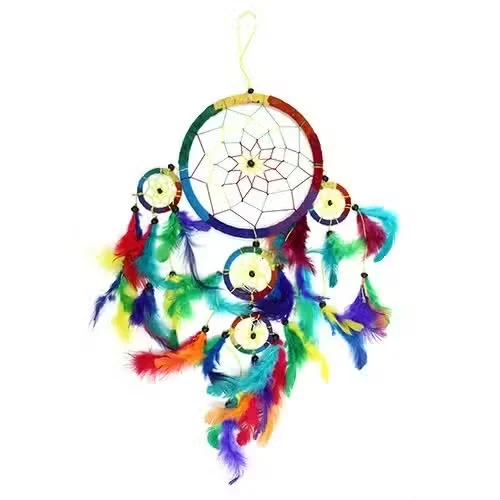 Large round rainbow wall dreamcatcher with colorful threads, decorative centerpiece.