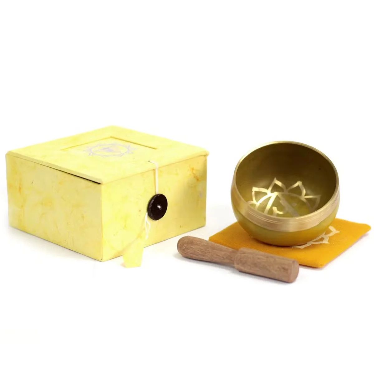 Chakra singing bowl featuring the solar plexus chakra design.