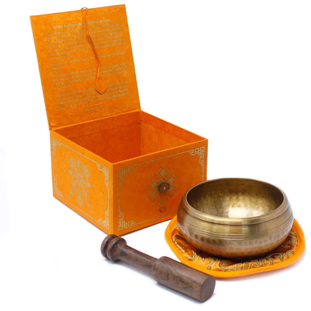 Five Buddha Singing Bowl Set of 10 cm bowls with a minimum weight of 400 g, displayed in a set.