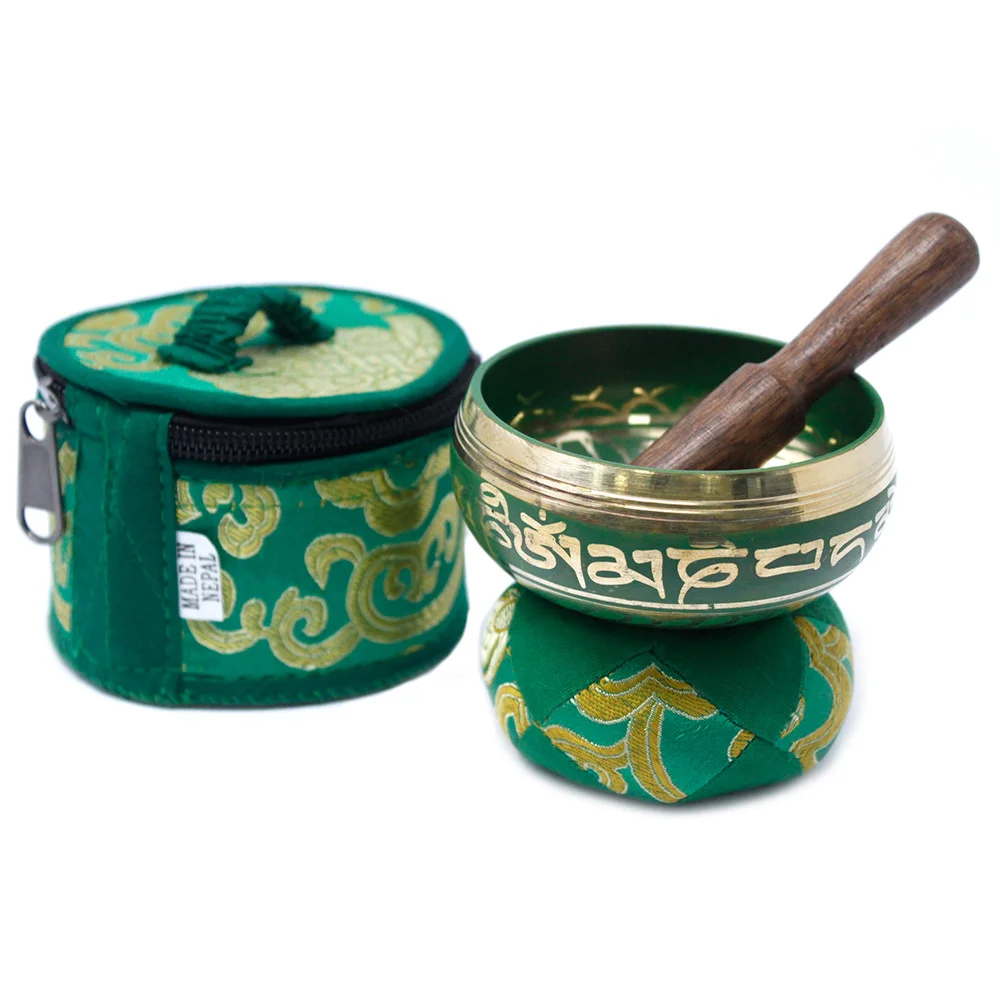 Mini green singing bowl gift set with small bowl and accompanying accessories