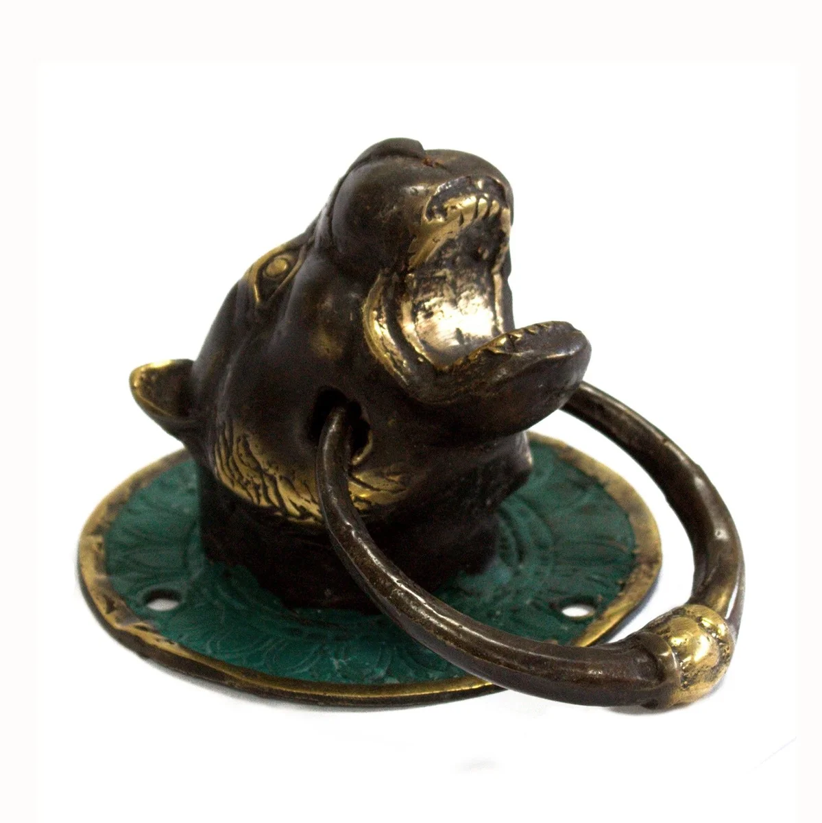 Brass tiger head door knocker, detailed metal tiger head on stand, ideal for front door entrance.