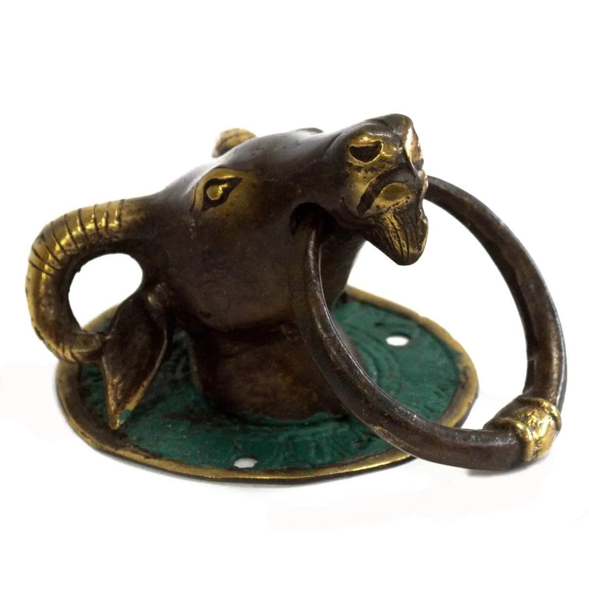 Brass ram head knocker on a metal door handle.