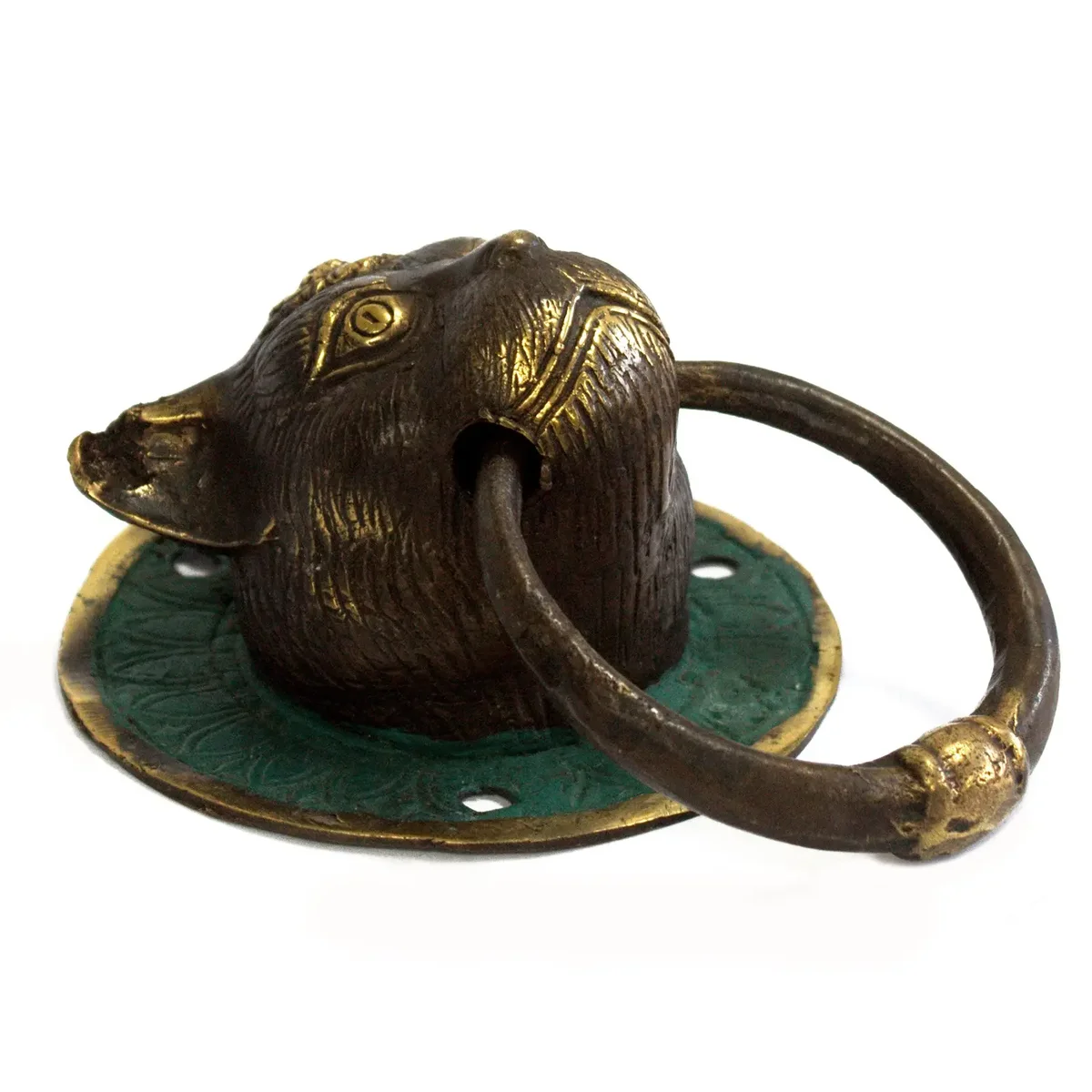 Brass cat door knocker featuring a stylised cat head design.