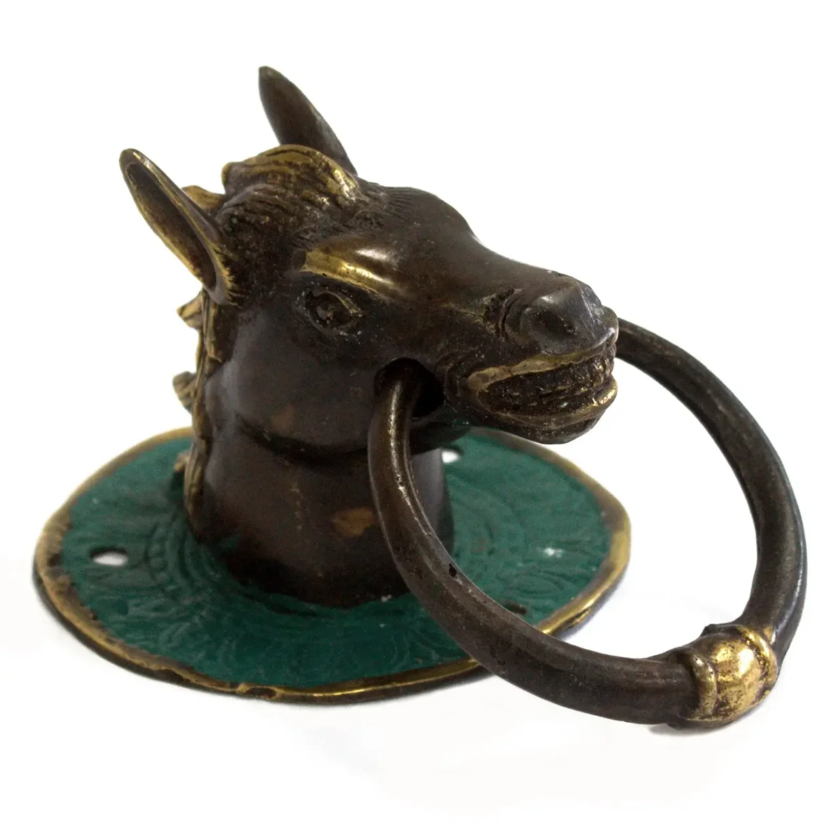 Horse door knocker made of brass, shaped like a horse head, decorative door hardware.