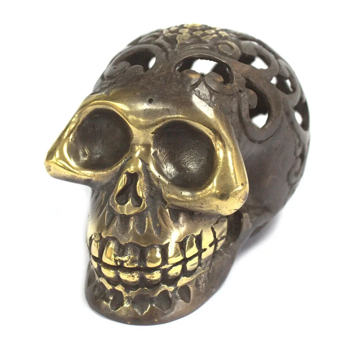 Medium-sized vintage brass skull figurine, cast and slightly weathered with realistic bone details.