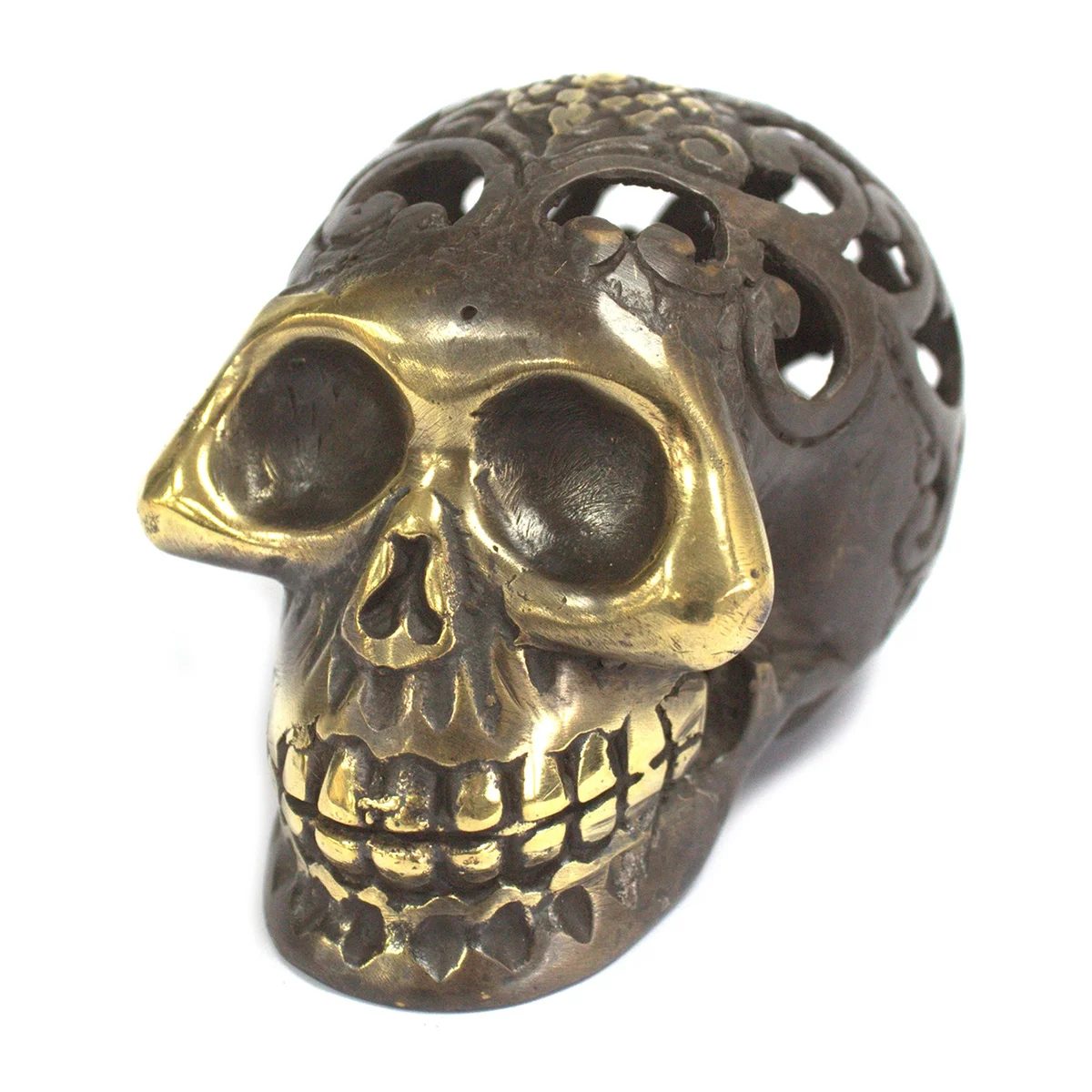 Medium brass skull with worn patina, classic vintage skull decor