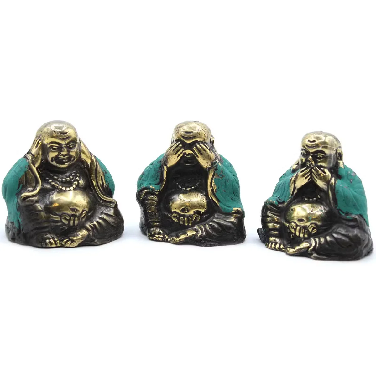 Three Buddha decor figurines arranged in a set: one seated on a lotus, one meditating, and one in prayer pose.
