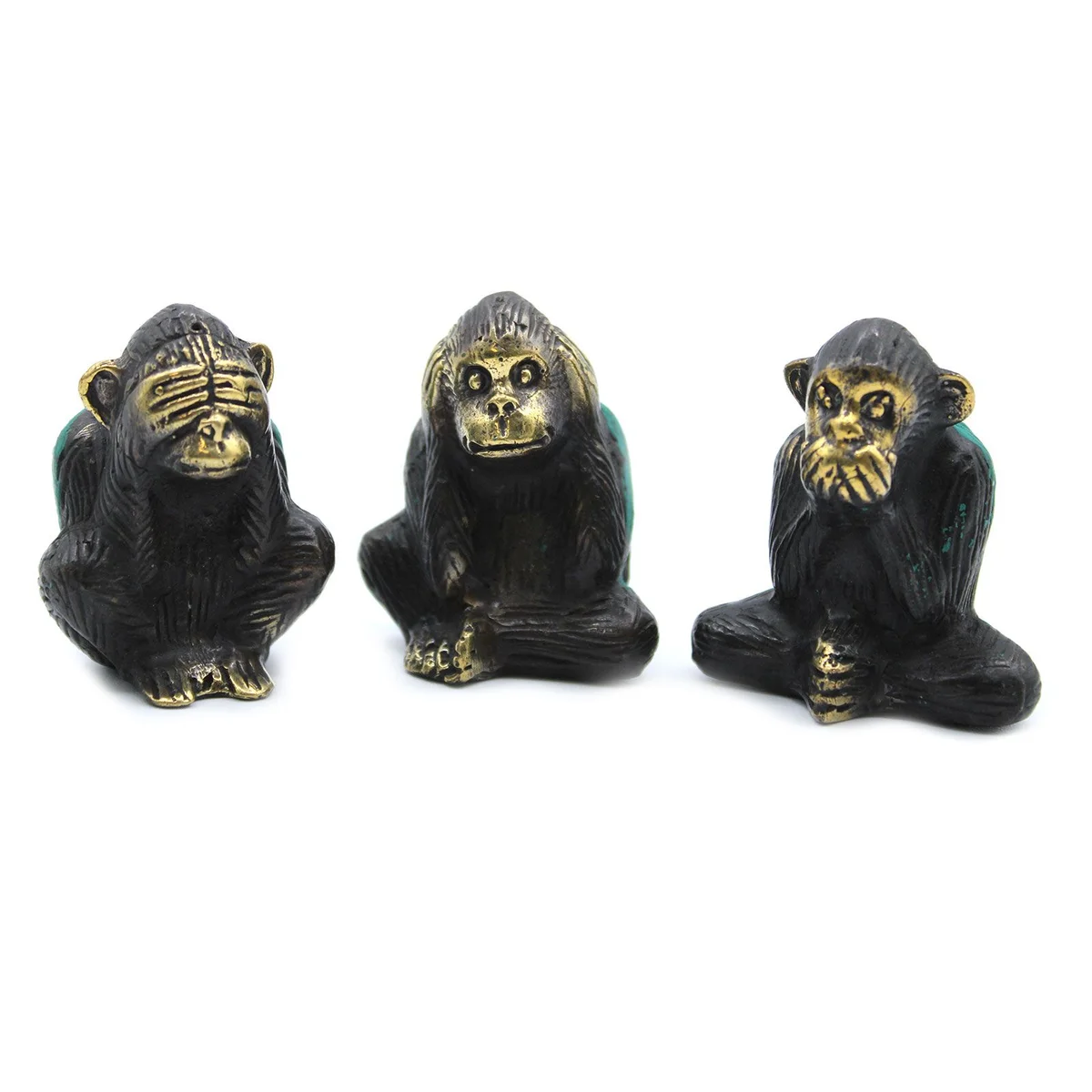 Three colourful monkey figurines arranged as a set, each in a playful pose – a monkey figurine set