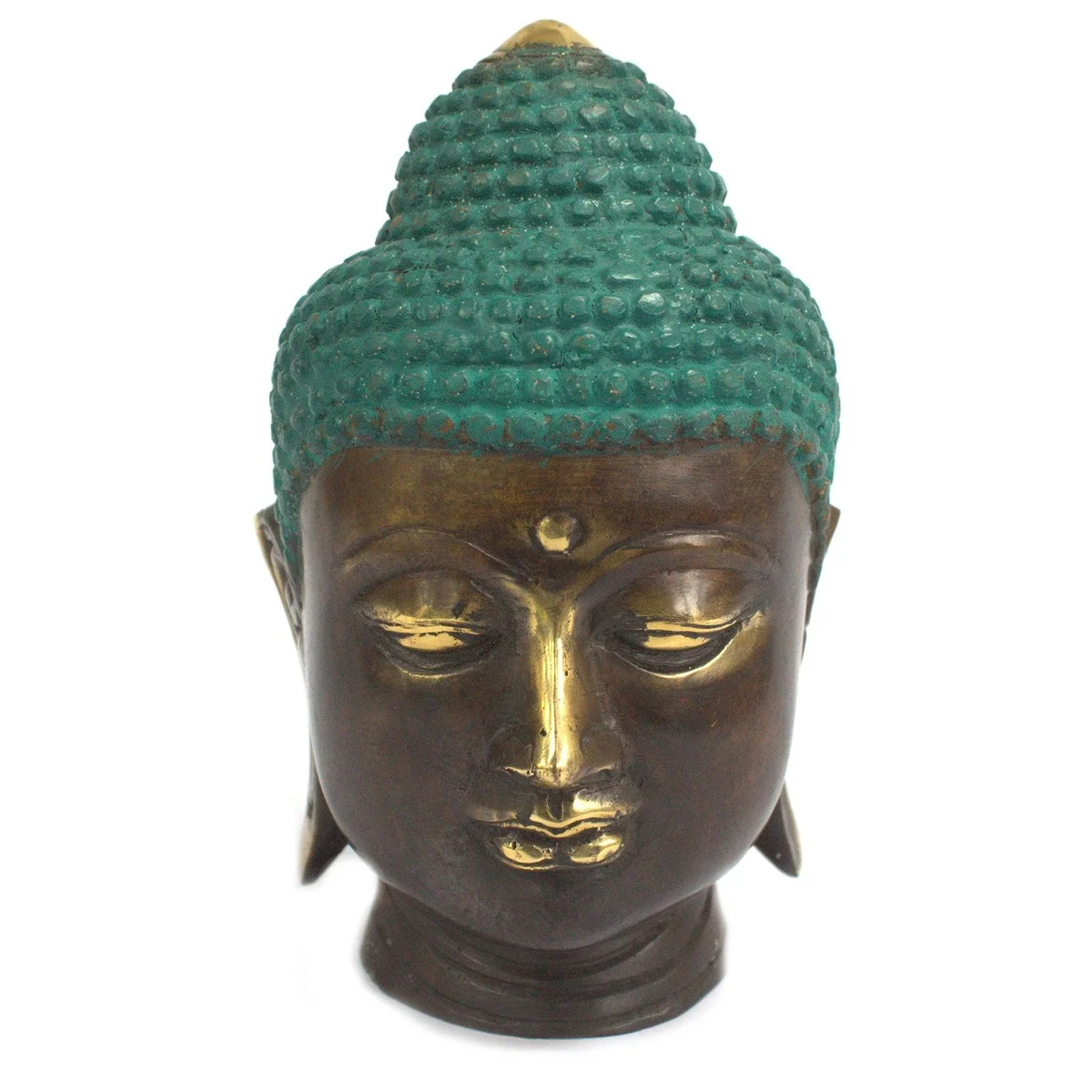 Large classic brass Buddha head displayed on a plain white background, highlighting its detailed features.