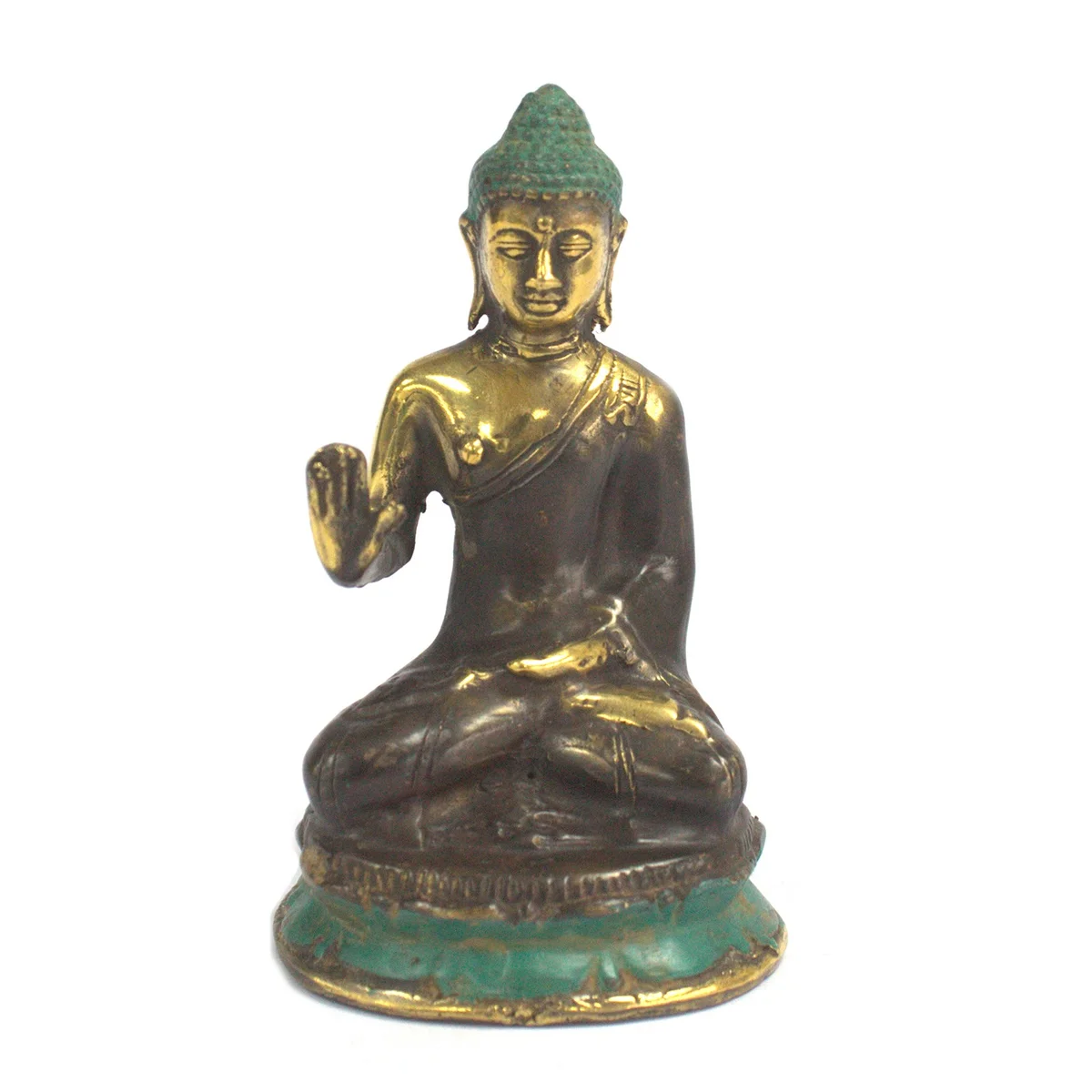 Medium sized hand up Buddha seated with hands raised in a relaxed pose