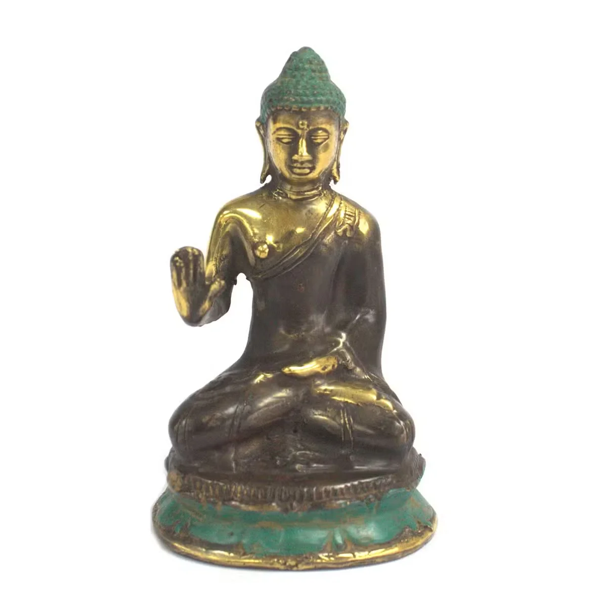 Med Buddha statue with hand raised, seated in a meditative pose