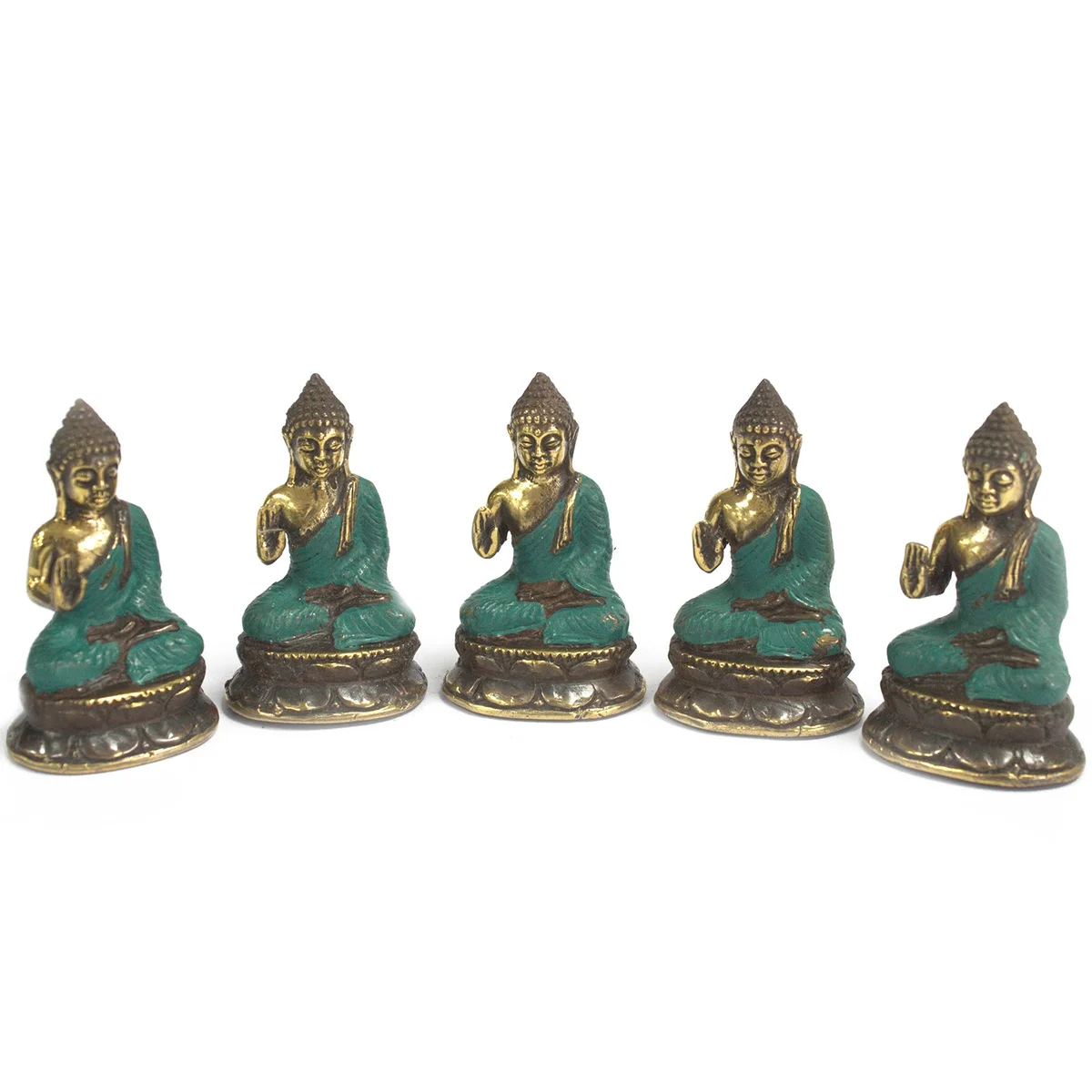 Mini hand up Buddha statue, seated with raised hand.