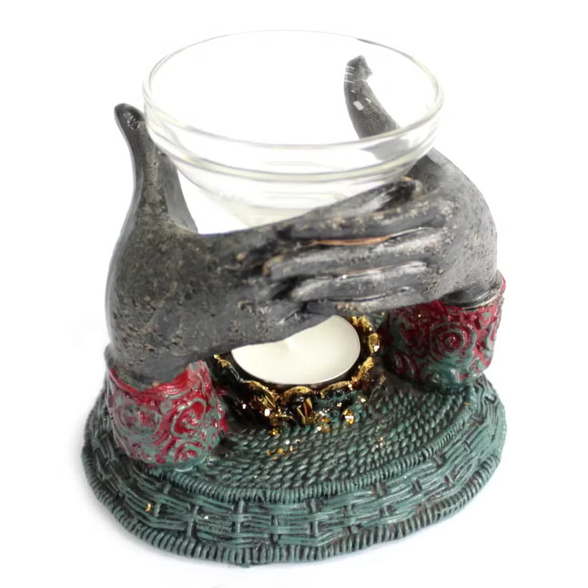 Antique oil burner featuring carved Buddha with offering hands, suitable for incense and essential oils