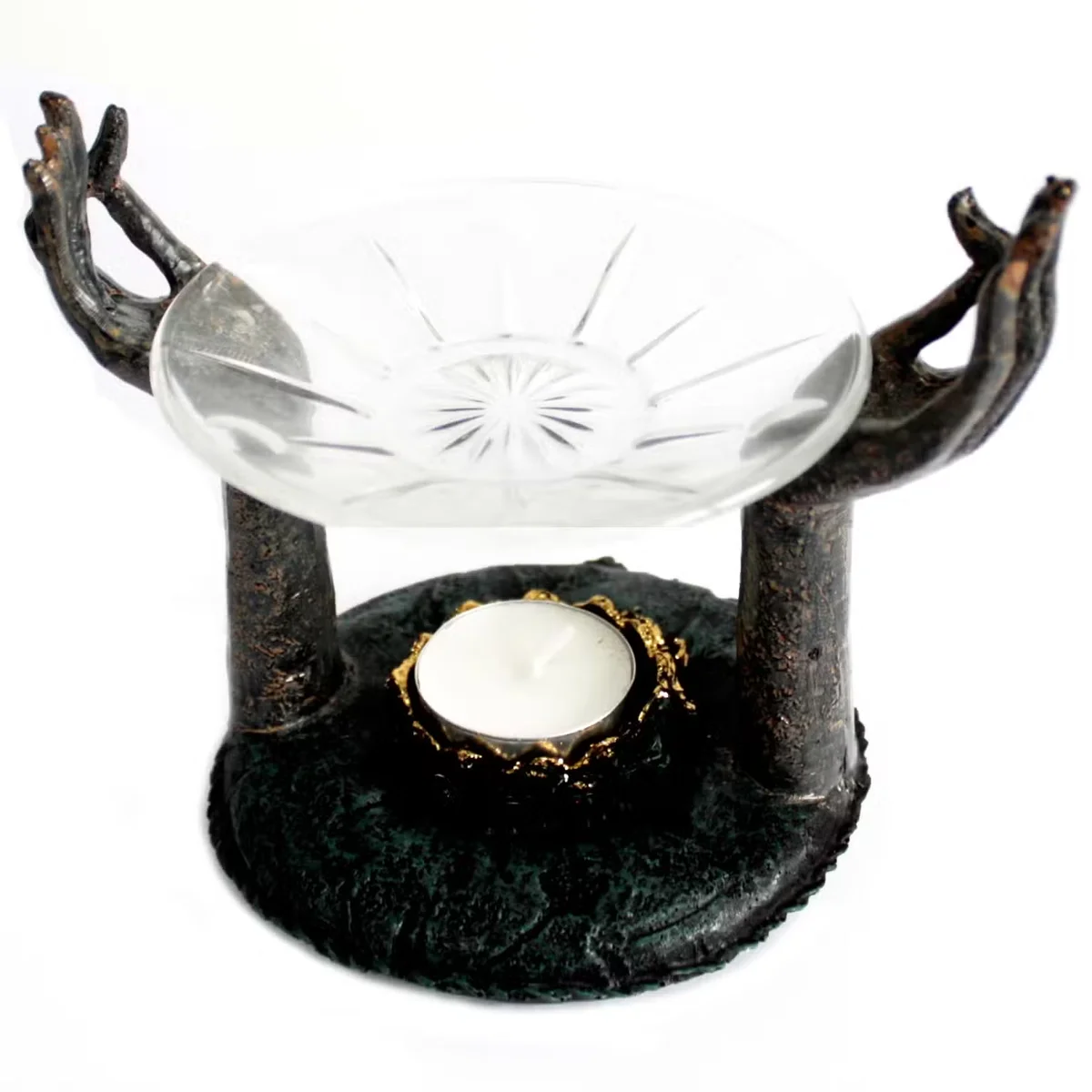 Antique Buddha incense burner with Om hands design.