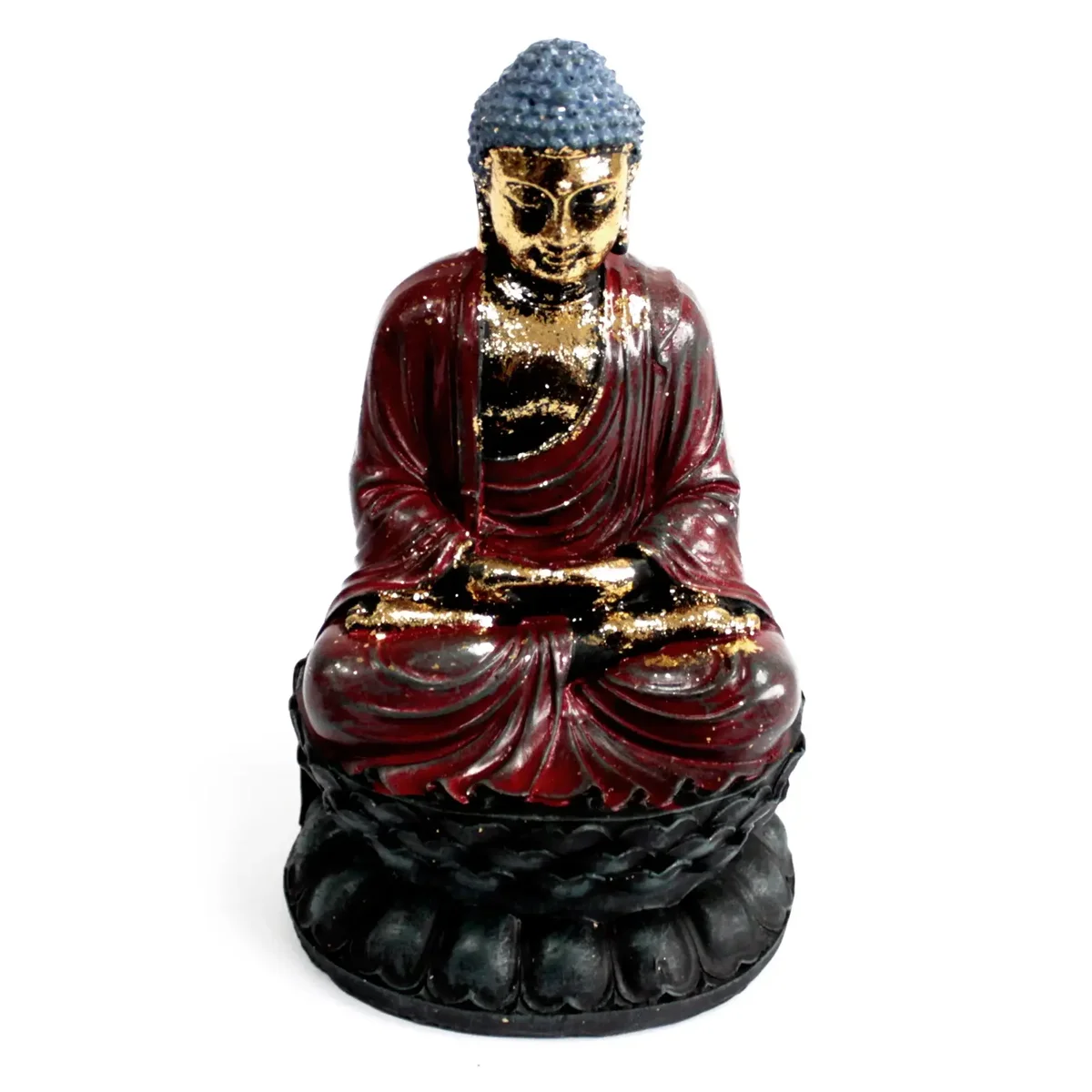 Antique Buddha statue with serene expression, seated posture, gold accents, small wooden base.