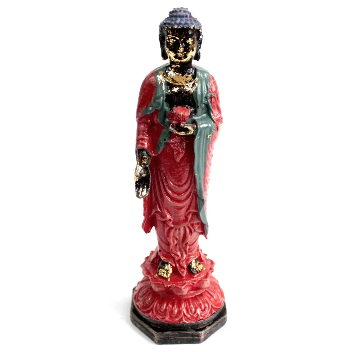 Standing Buddha figurine, antique style sculpture, detailed stone carving.