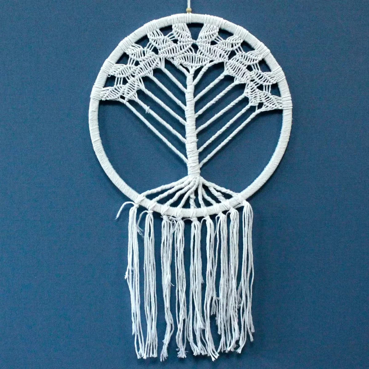 42cm wall art Tree of Life dreamcatcher with woven web, feathers and natural wood frame