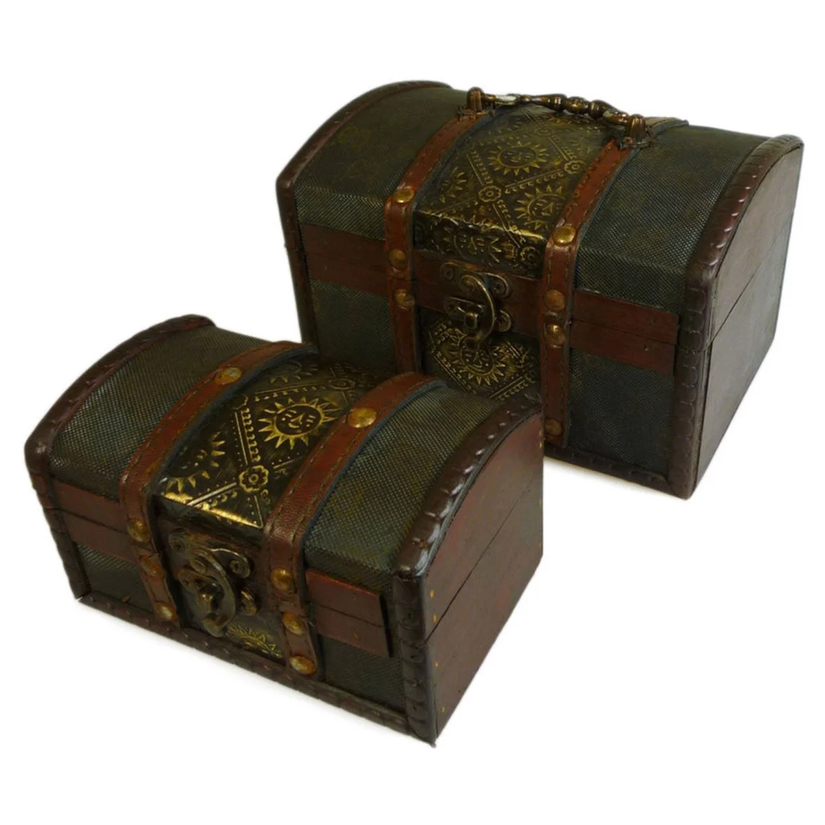 Two metal embossed boxes with colonial design shown side‑by‑side.