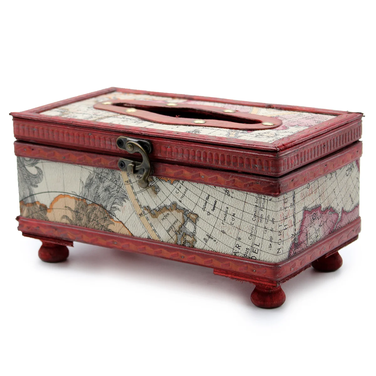 Map tissue box on stand shaped like a vintage map with scrolling paper design and wooden legs.