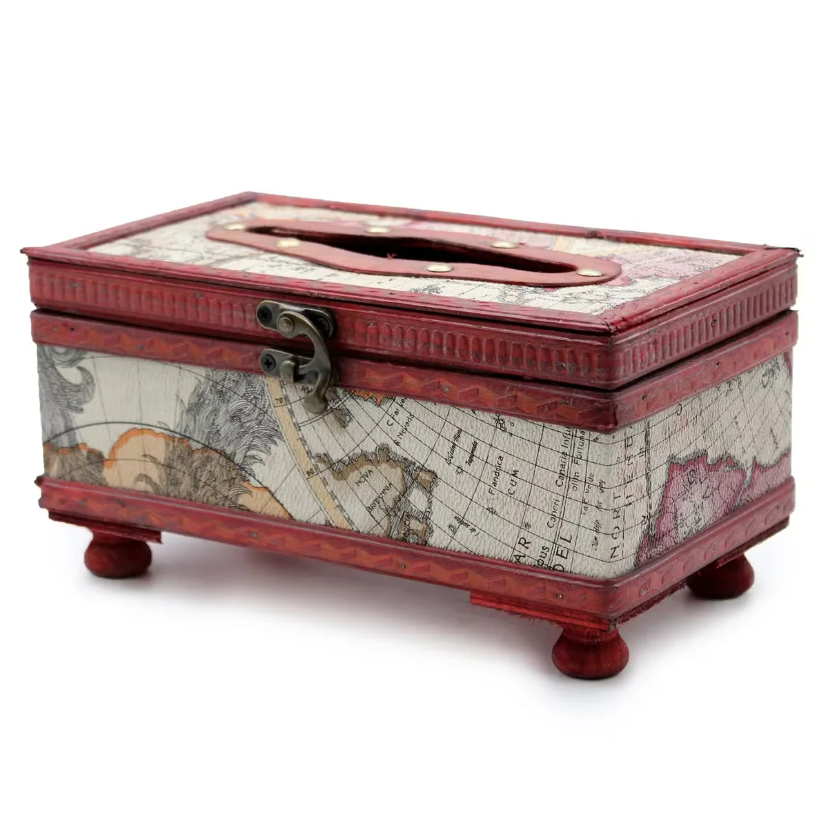 Decorative tissue box with old map design and wooden legs