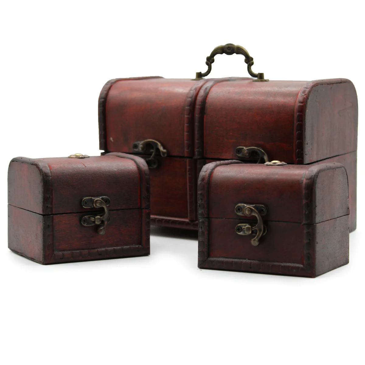 Three large classic storage chests side by side, sleek wooden design.