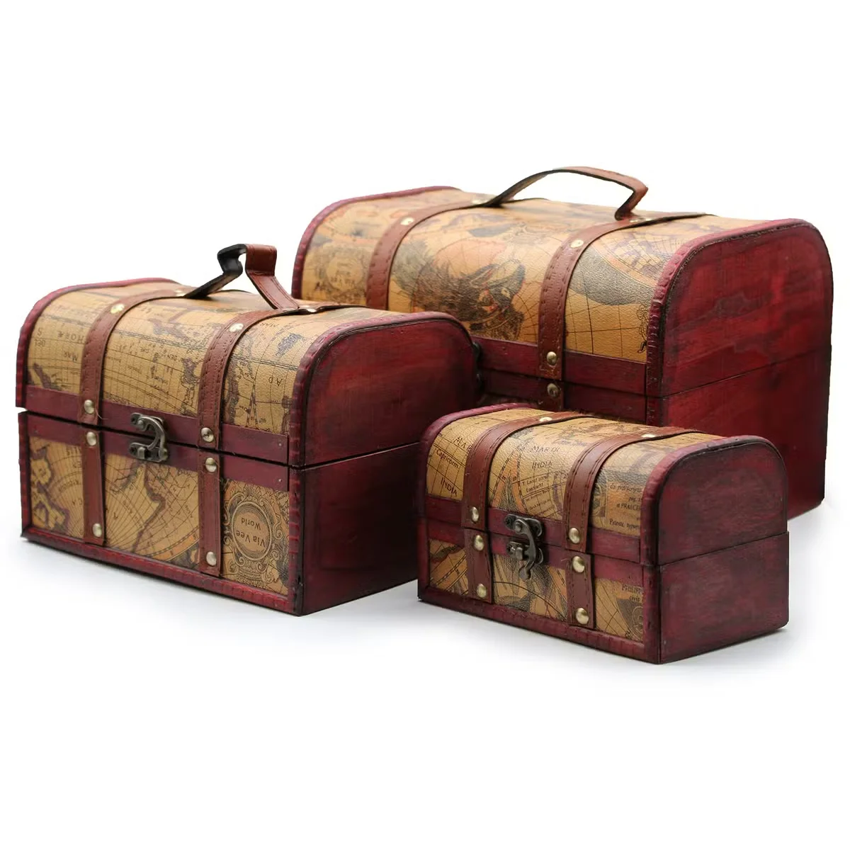 Set of three old map chests displayed side by side.