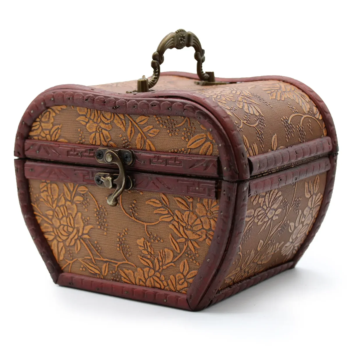 1920s style apple decorative box displayed on a table, vintage design features.